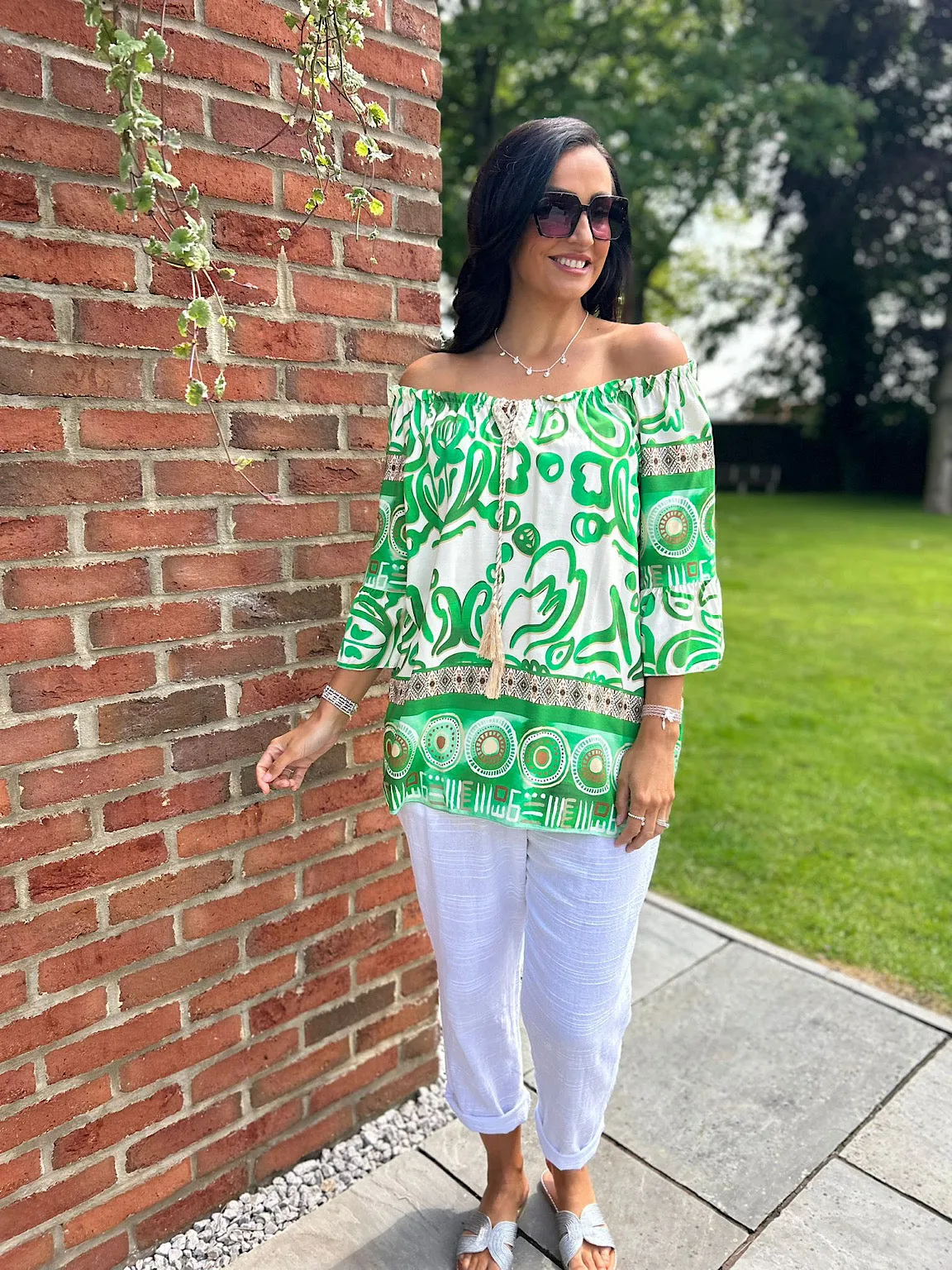 Green Patterned Bardot Tassel Blouse Maria