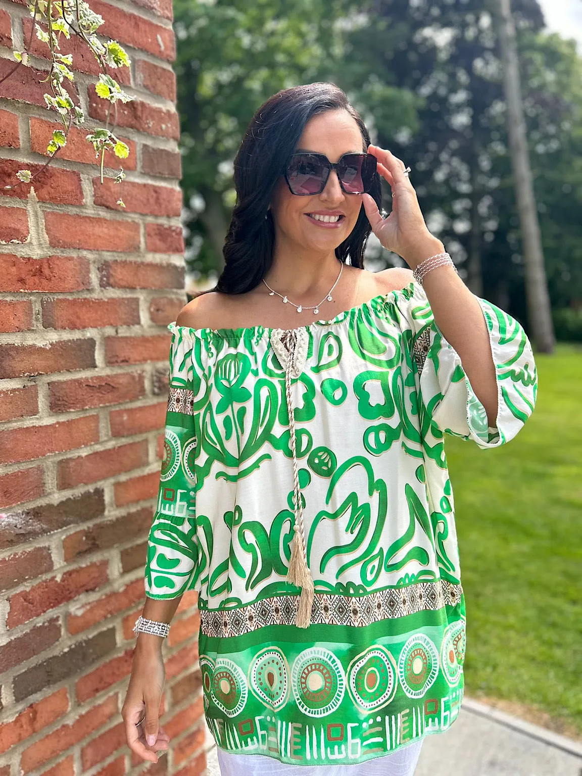 Green Patterned Bardot Tassel Blouse Maria