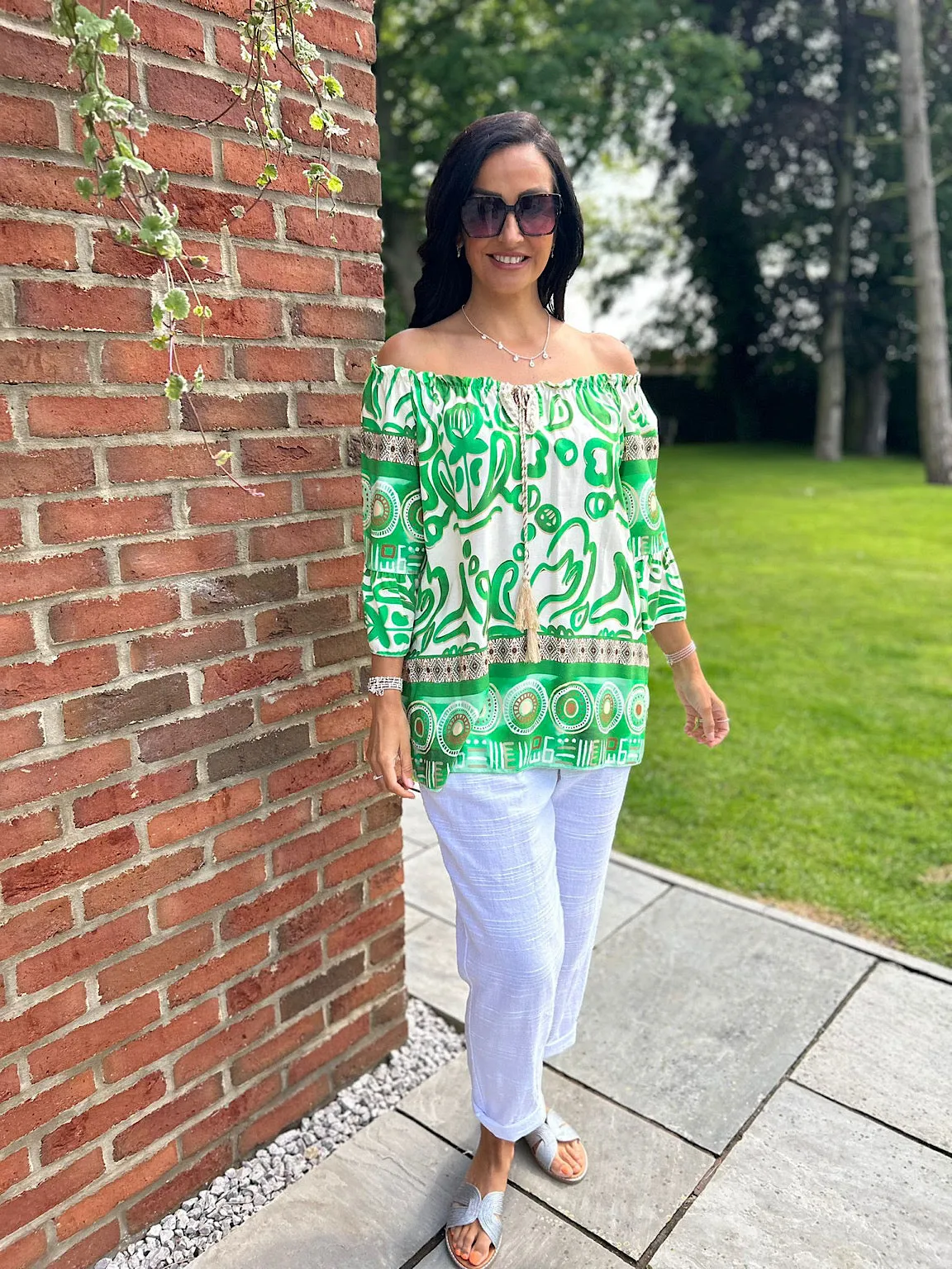 Green Patterned Bardot Tassel Blouse Maria