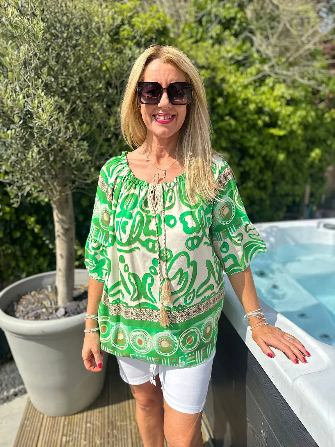 Green Patterned Bardot Tassel Blouse Maria