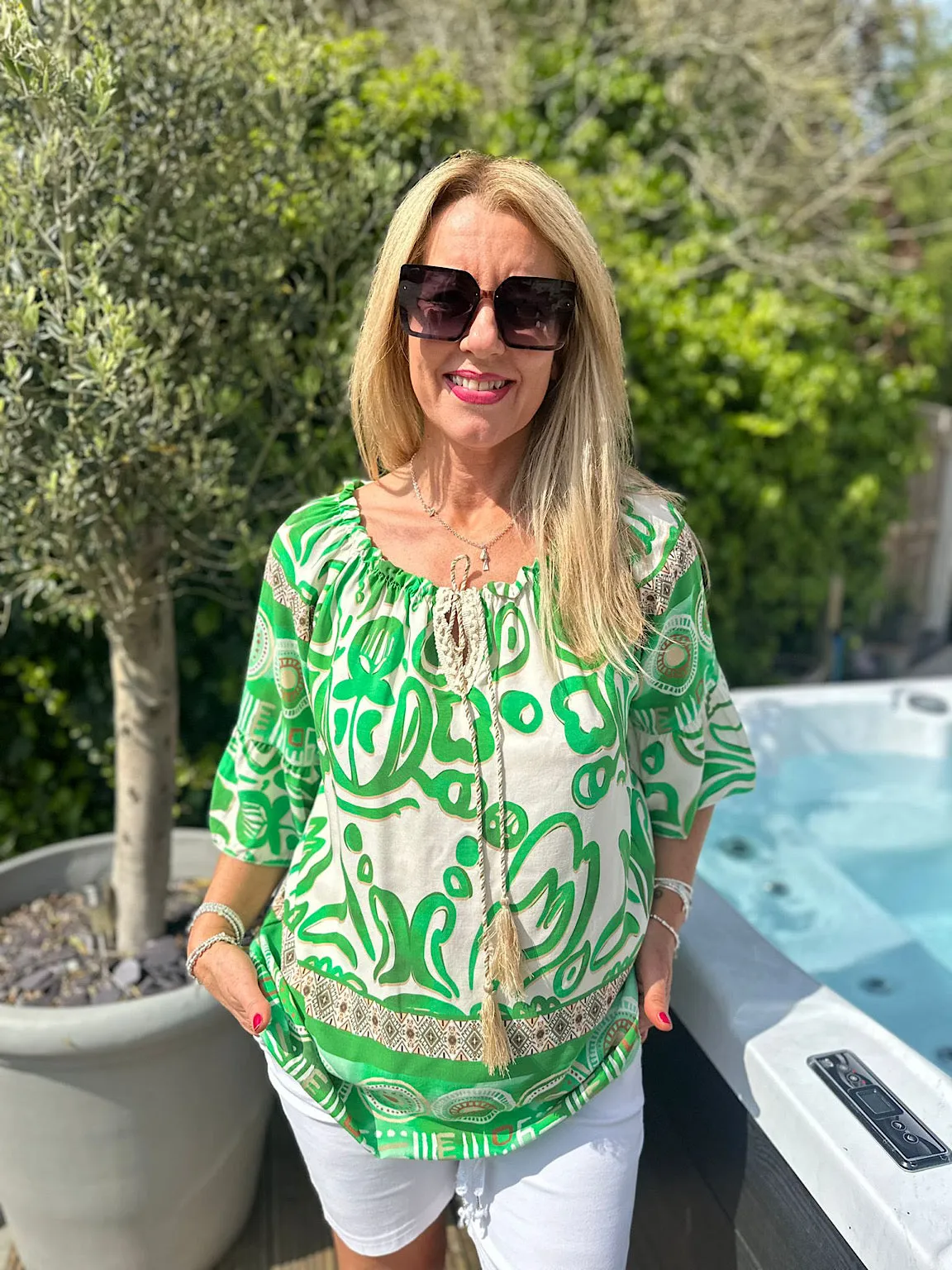 Green Patterned Bardot Tassel Blouse Maria