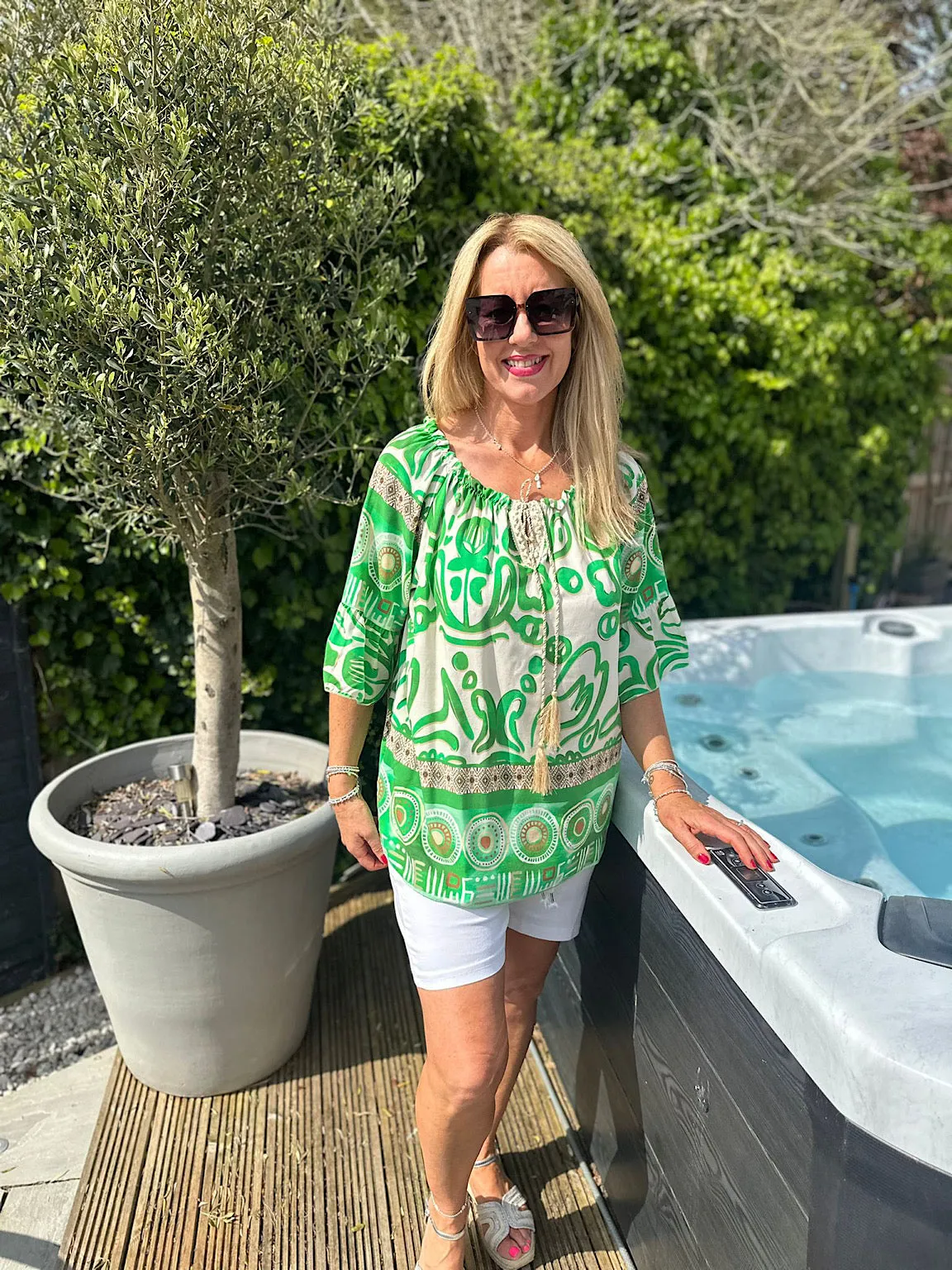 Green Patterned Bardot Tassel Blouse Maria