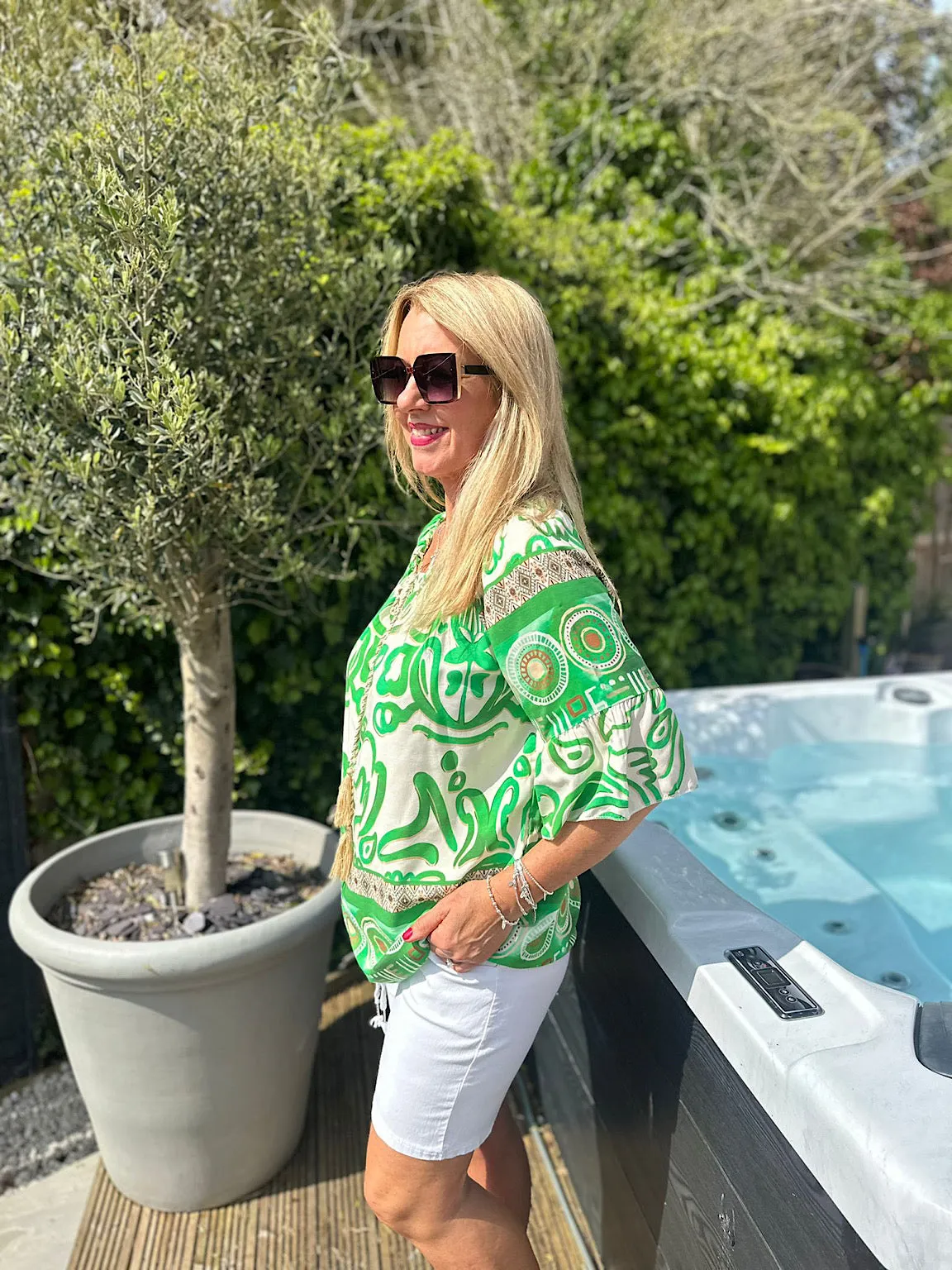 Green Patterned Bardot Tassel Blouse Maria