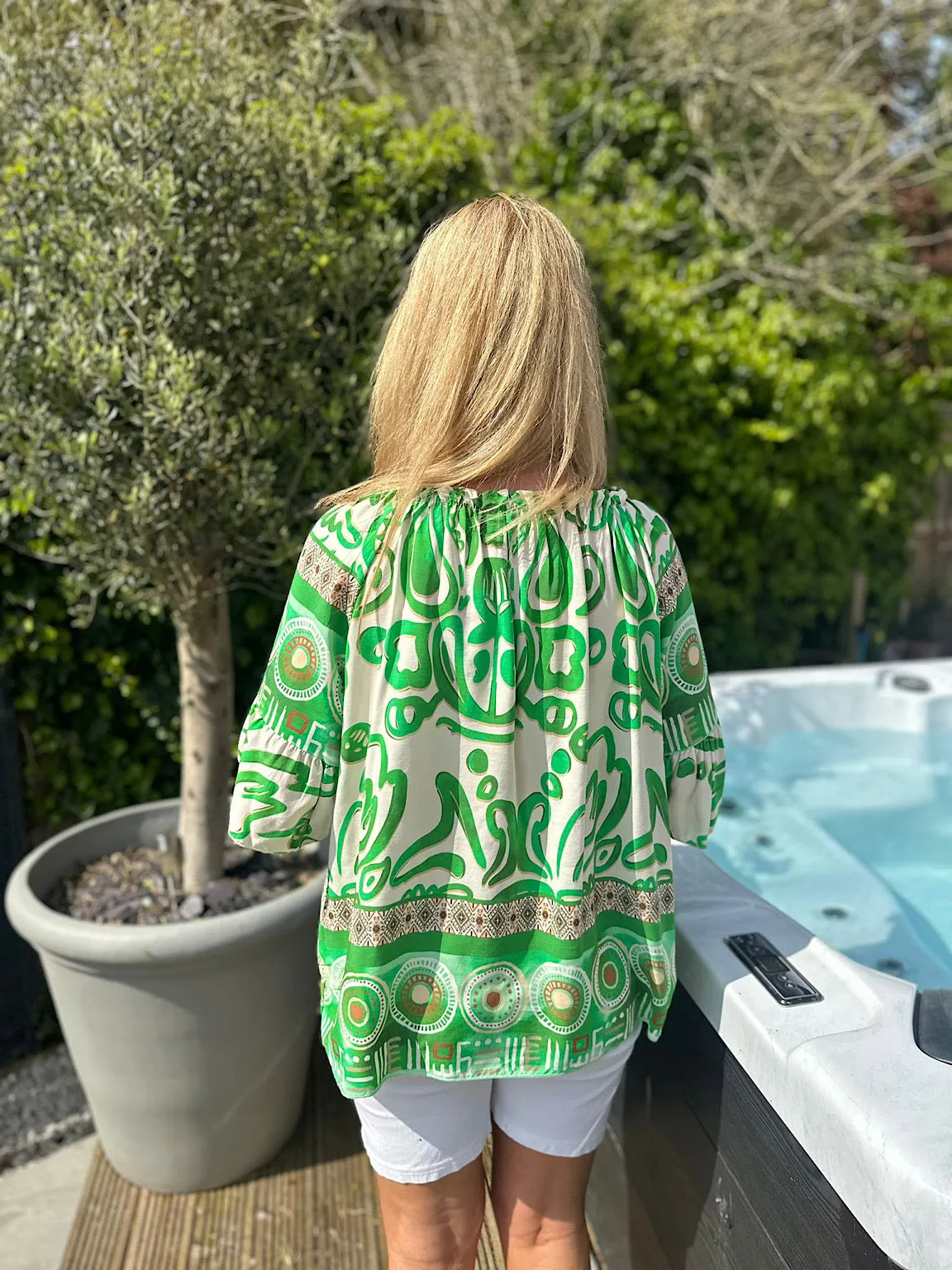 Green Patterned Bardot Tassel Blouse Maria