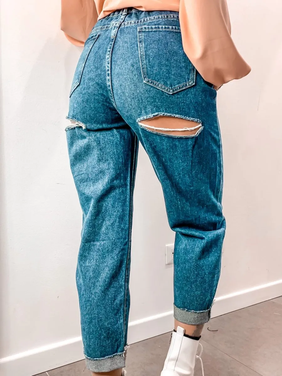 Jeans baggy con vita elasticizzata e strappi