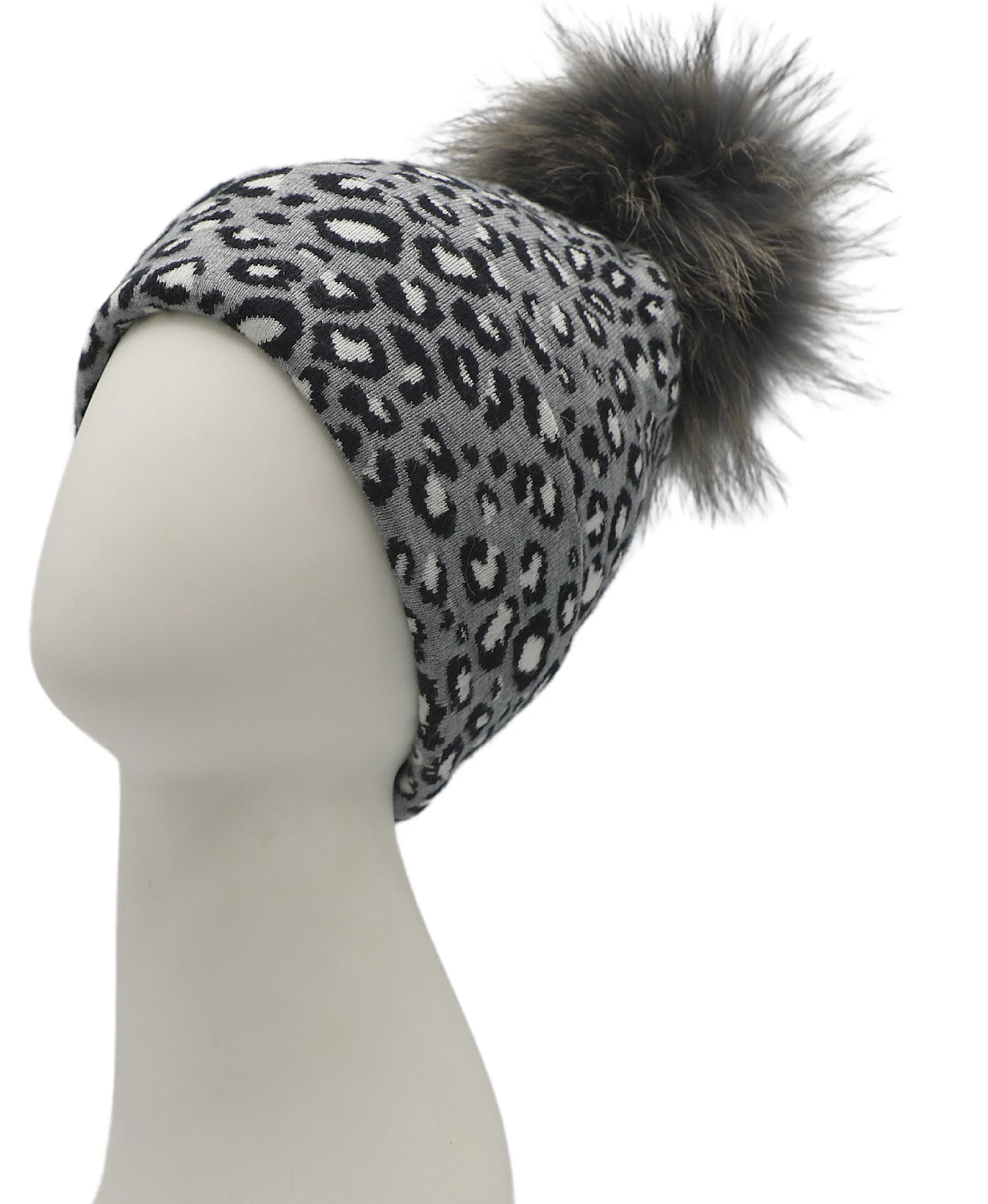 Knit Leopard Hat w/ Fur Pom