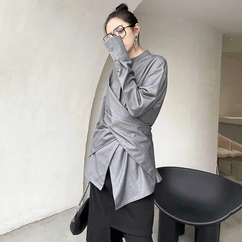 Kume Loose Stand Collar Long Sleeve Shirt - Gray