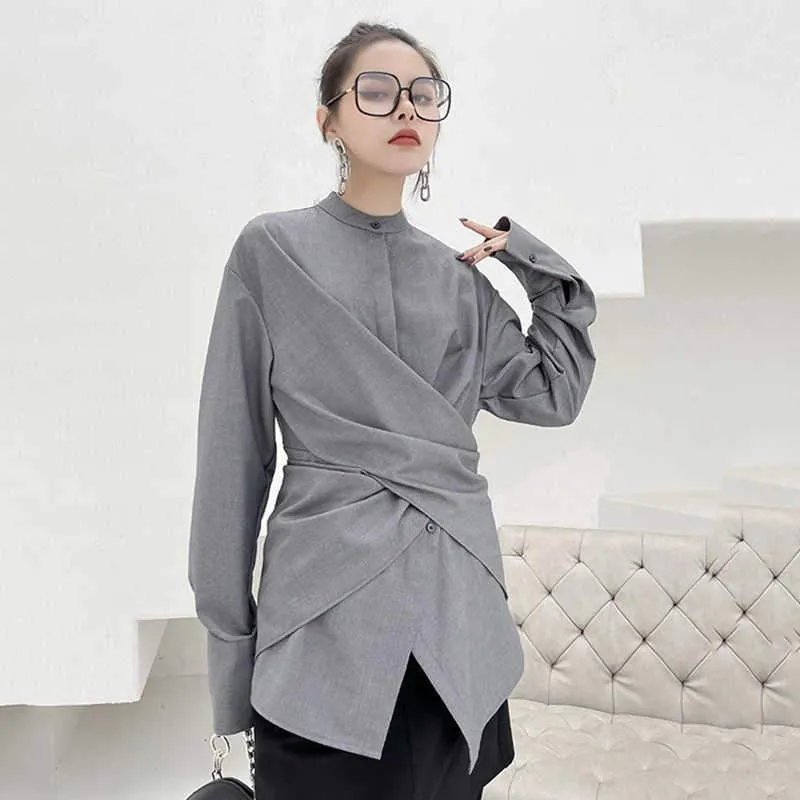 Kume Loose Stand Collar Long Sleeve Shirt - Gray