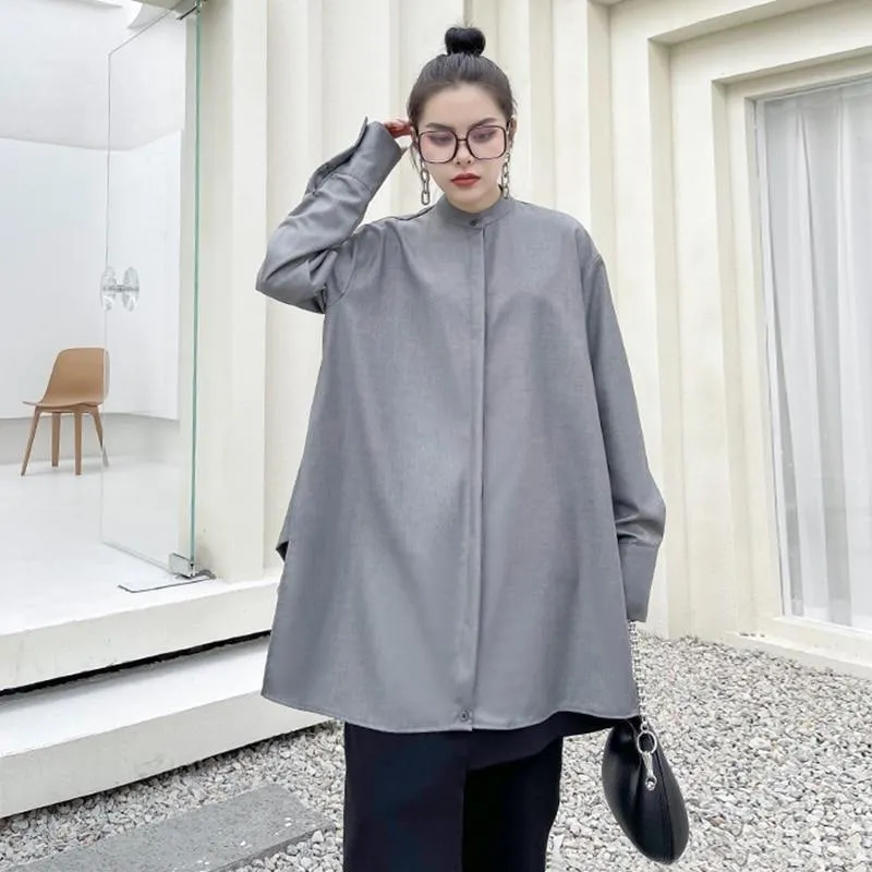 Kume Loose Stand Collar Long Sleeve Shirt - Gray