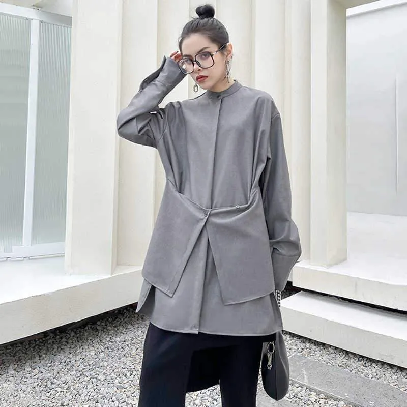 Kume Loose Stand Collar Long Sleeve Shirt - Gray