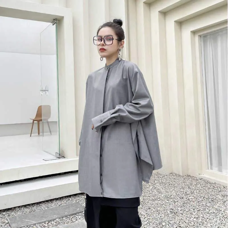 Kume Loose Stand Collar Long Sleeve Shirt - Gray