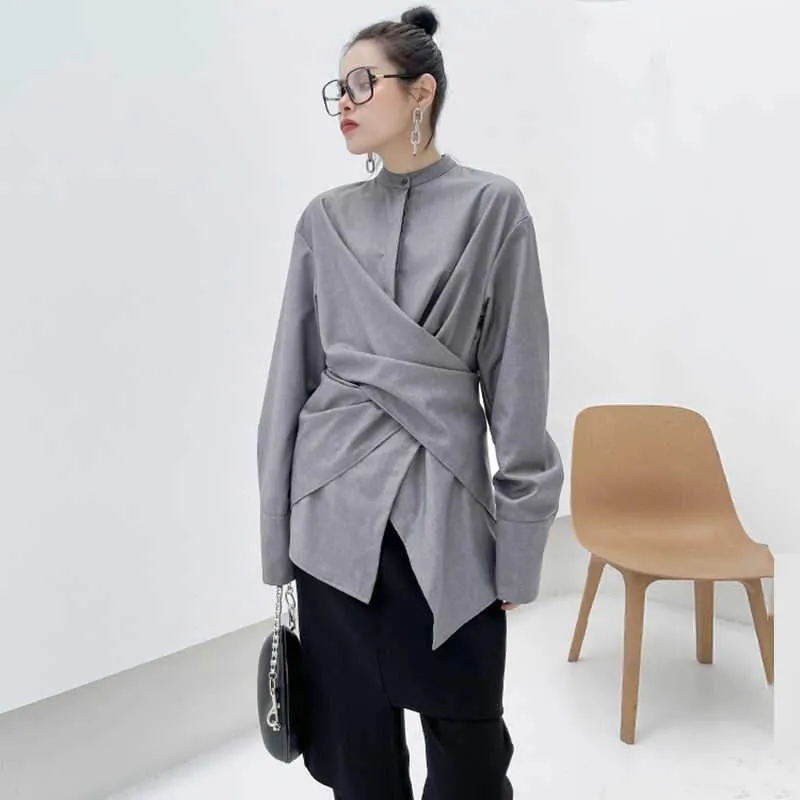 Kume Loose Stand Collar Long Sleeve Shirt - Gray