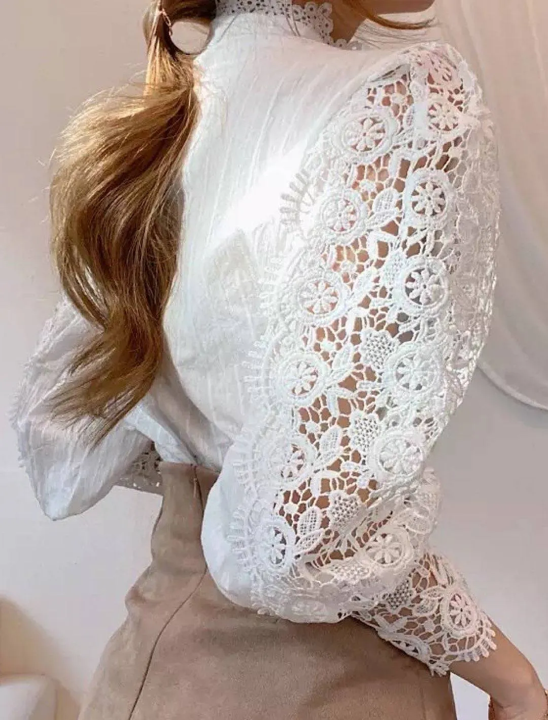 Lace Stand Collar Pearl Buttoned Shirt