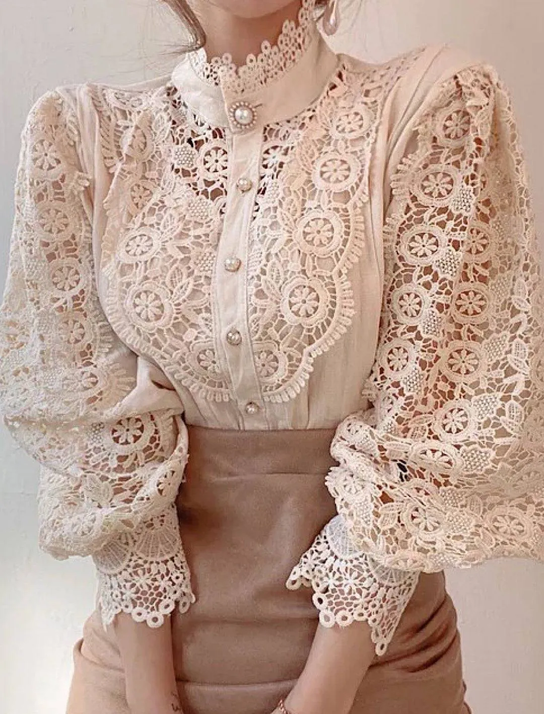 Lace Stand Collar Pearl Buttoned Shirt