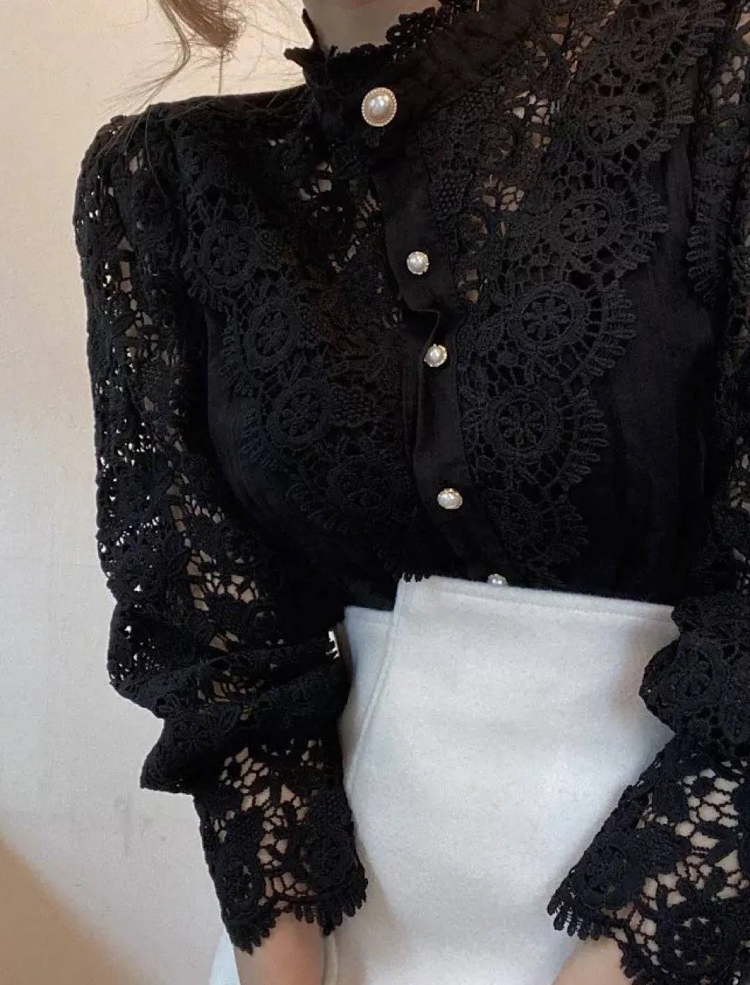 Lace Stand Collar Pearl Buttoned Shirt