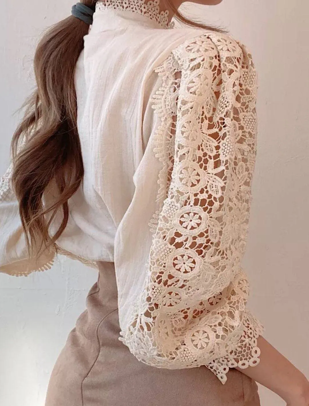 Lace Stand Collar Pearl Buttoned Shirt