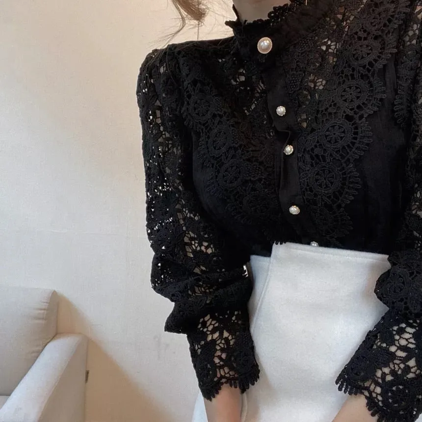 Lace Stand Collar Pearl Buttoned Shirt