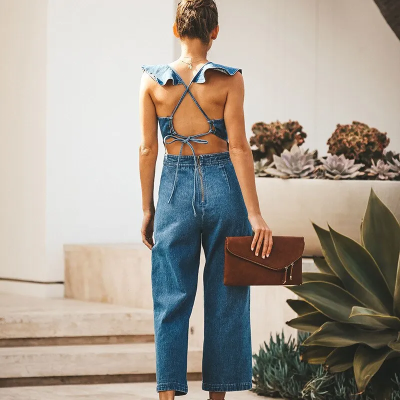 LEALA RUFFLE DENIM JUMPSUIT