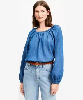 Loft Petite Chambray Shirred Blouse