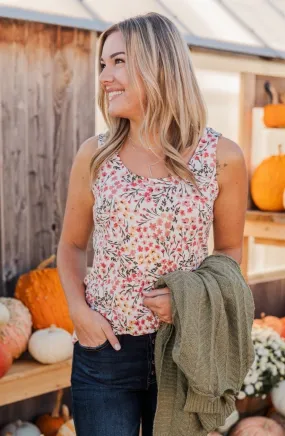 Love To Give Floral Tank Top- Ivory, Rust, & Forest Green