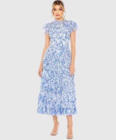 Mac Duggal High Neck Ruffle Cap Sleeve Floral Dress In Blue Multi