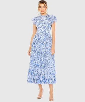 Mac Duggal High Neck Ruffle Cap Sleeve Floral Dress In Blue Multi