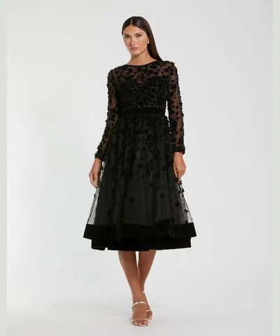 Mac Duggal Plus Size Black Embellished Illusion High Neck Long Sleeve Fit & Flare Wedding Guest Dress