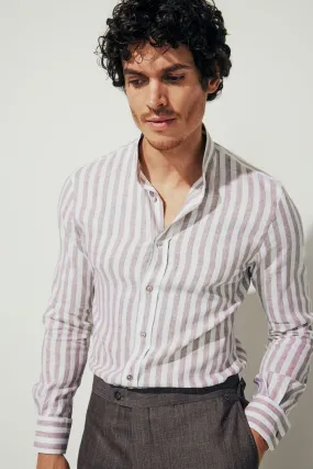 Marcello Stand Collar Shirt - Brown and Natural Linen Stripe