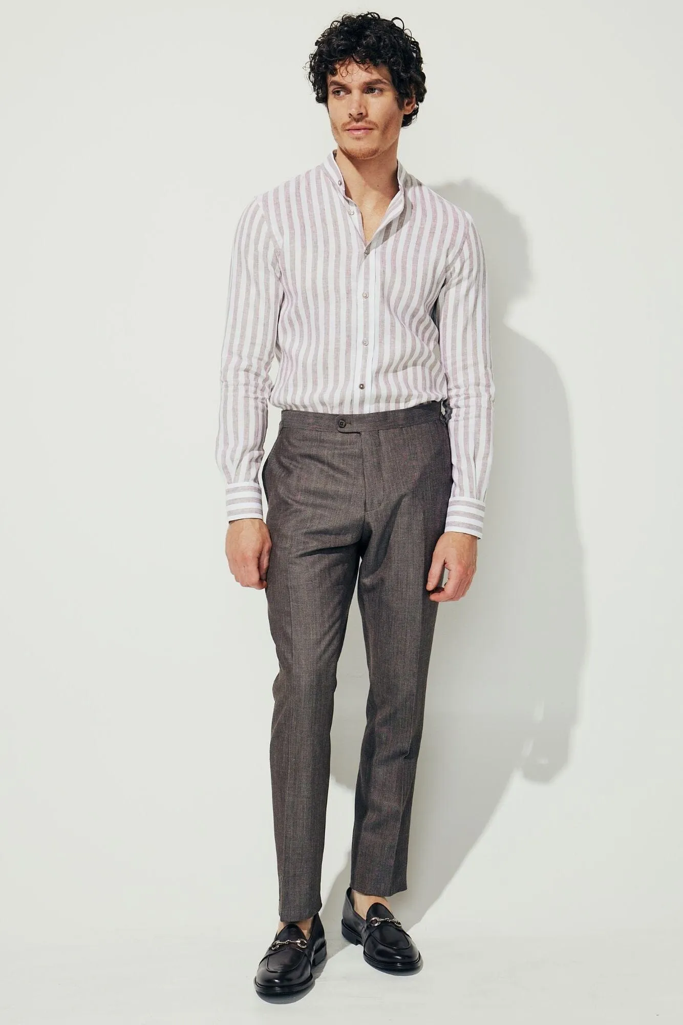 Marcello Stand Collar Shirt - Brown and Natural Linen Stripe