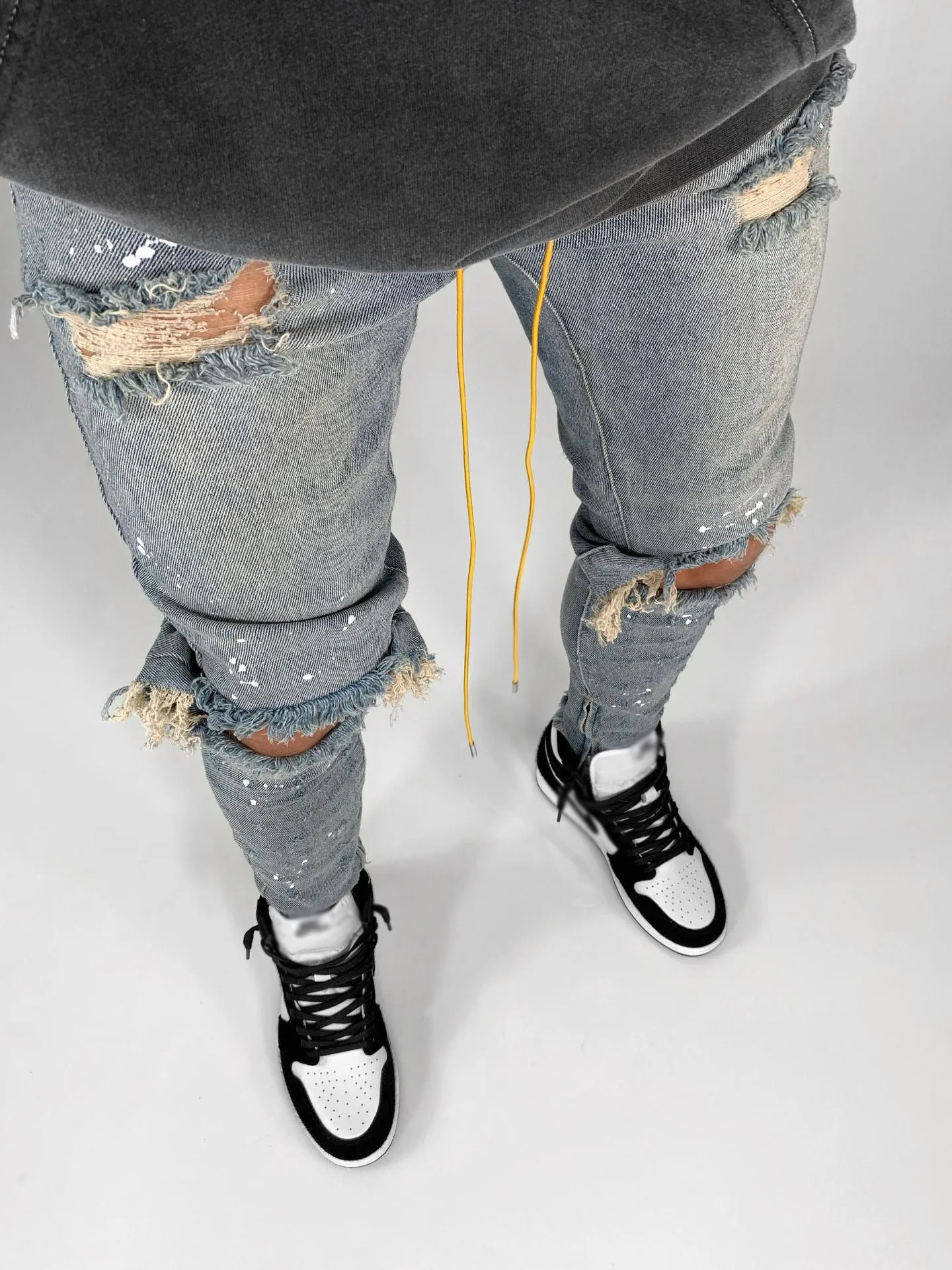 Men Jeans Stretch Destroyed Ripped Paint point Design Fashion Ankle Zipper Skinny Jeans For Men