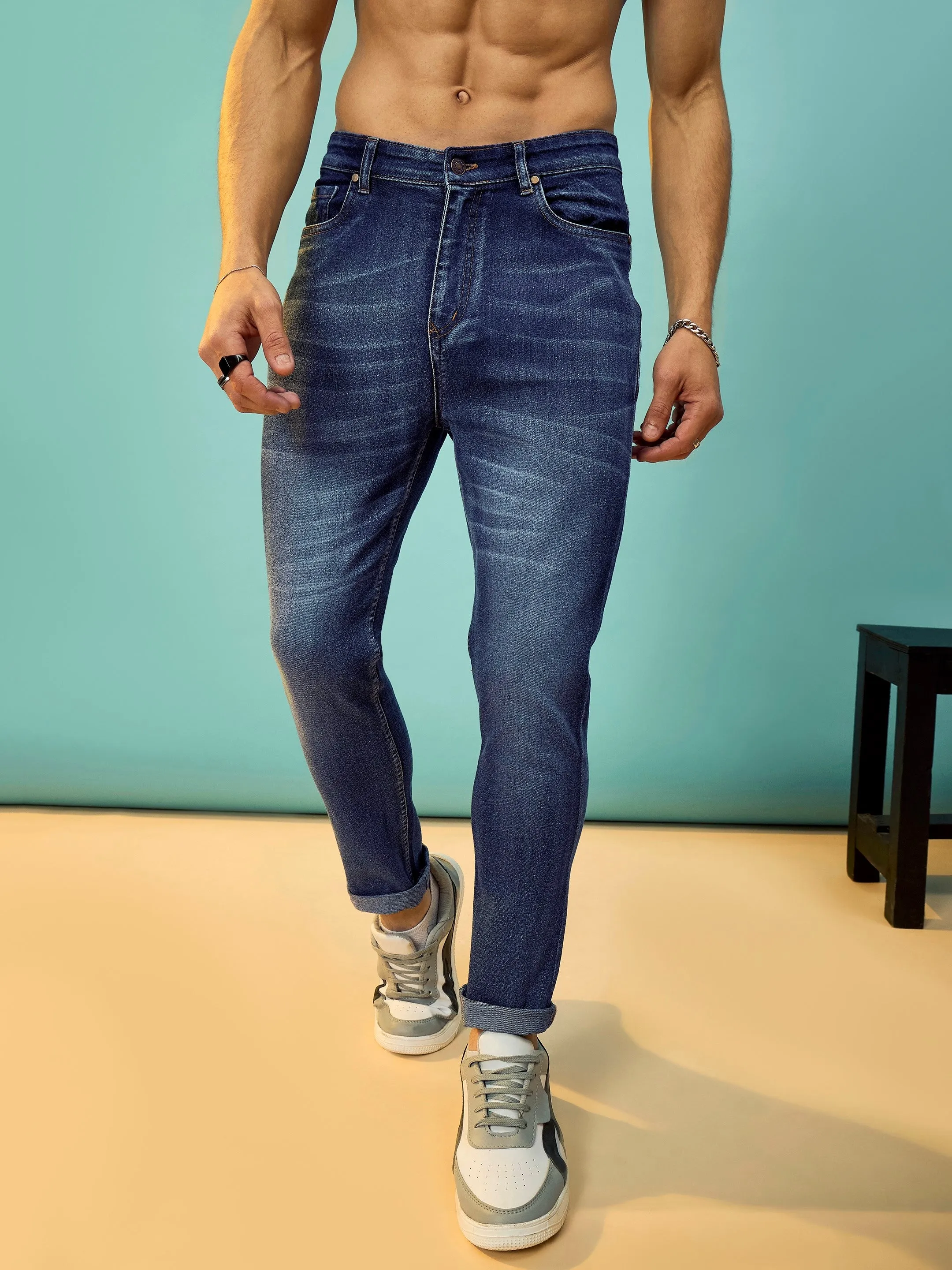 Men Navy Washed Slim Fit Jeans