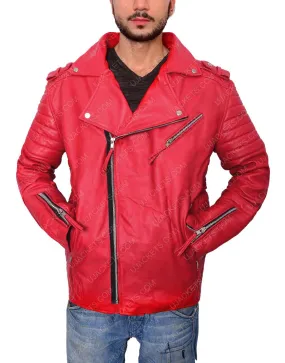 Men's Asymmetrical Red Biker Leather Jacket for Sale