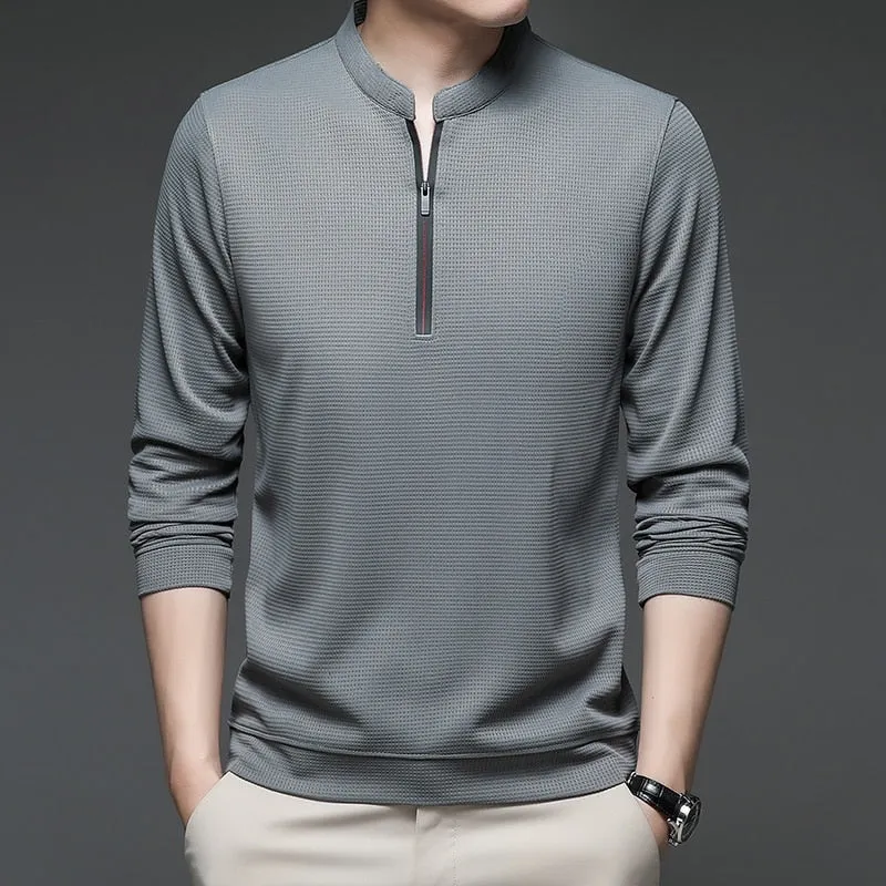 Men's Casual Solid Stand Collar Zipper Slim Fit Long Sleeve shirt