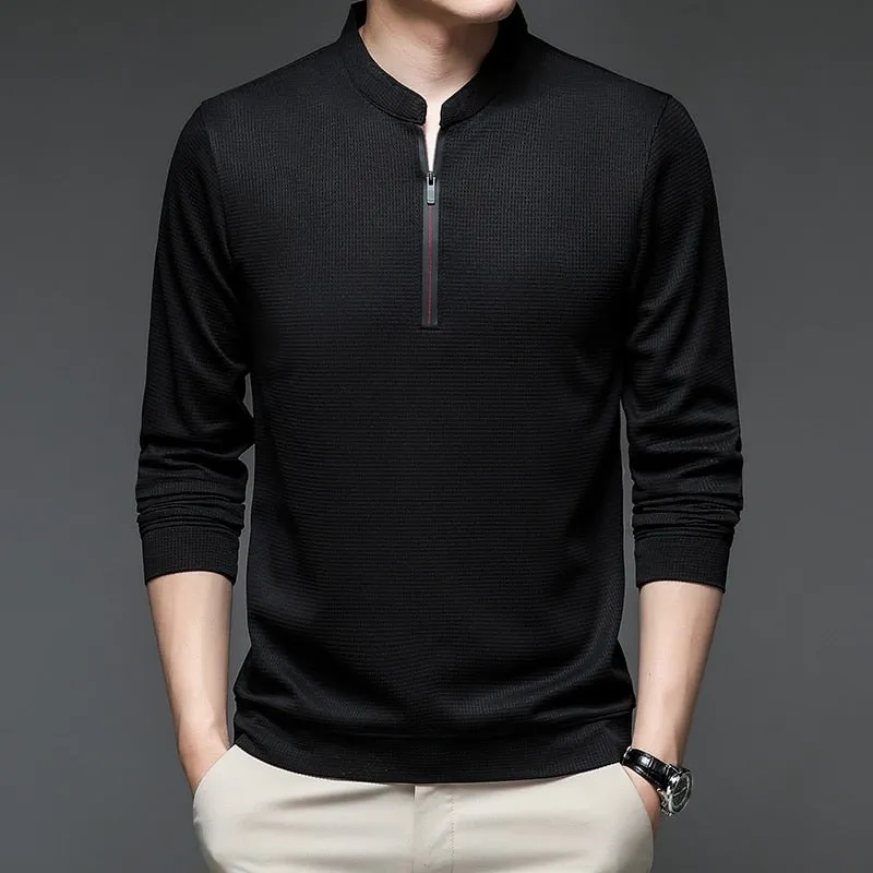 Men's Casual Solid Stand Collar Zipper Slim Fit Long Sleeve shirt