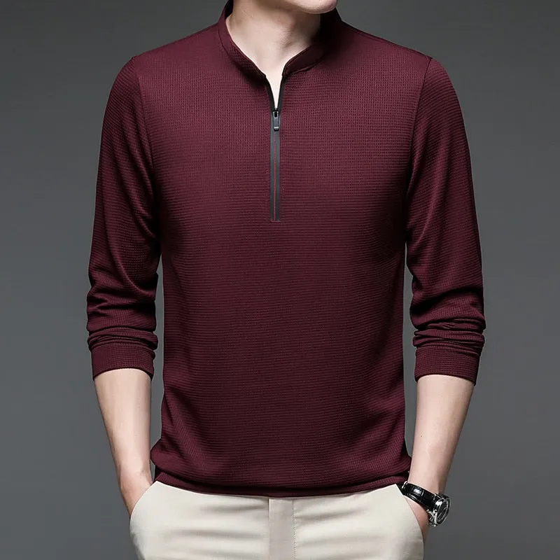 Men's Casual Solid Stand Collar Zipper Slim Fit Long Sleeve shirt