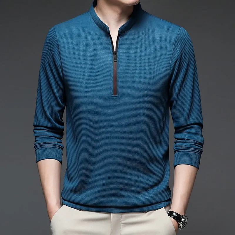 Men's Casual Solid Stand Collar Zipper Slim Fit Long Sleeve shirt