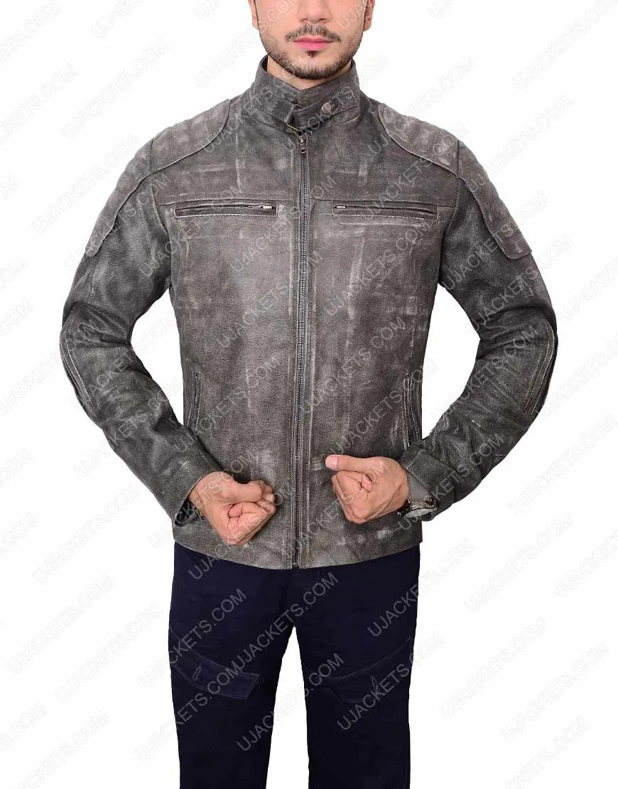 Mens Grey Waxed Jacket - Biker Style