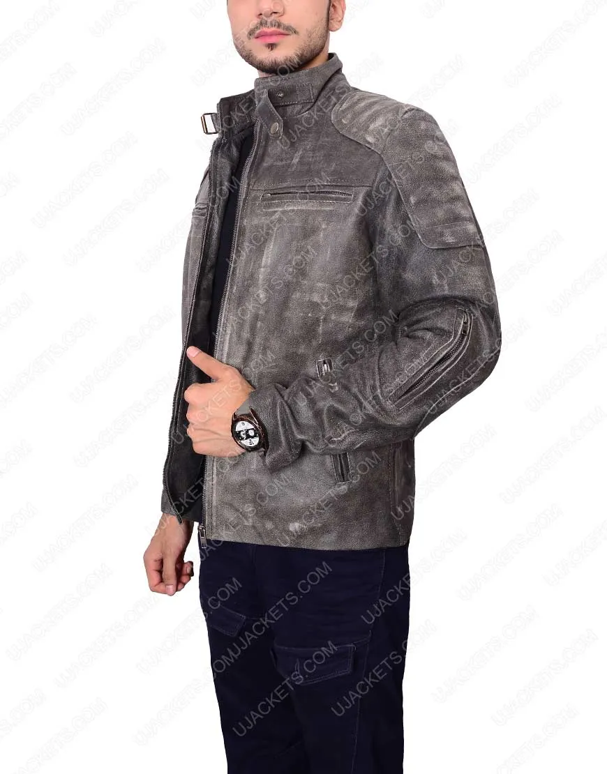 Mens Grey Waxed Jacket - Biker Style