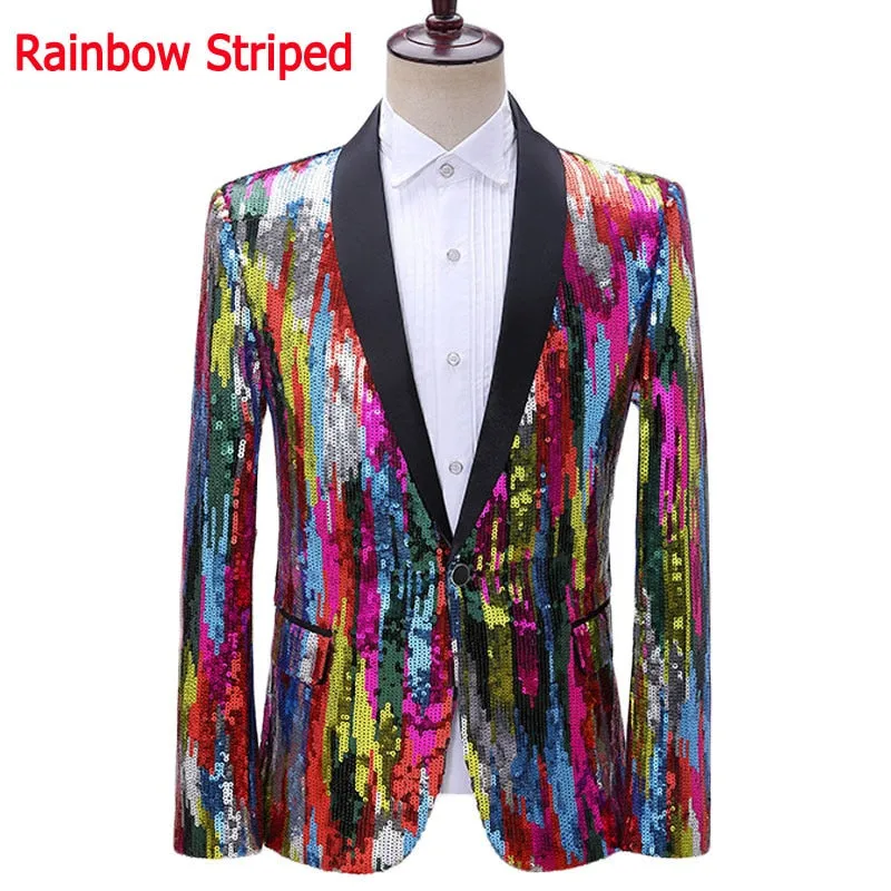 Men's Shining Colorful Striped Sequin Full Sleeves Casual Party Blazer