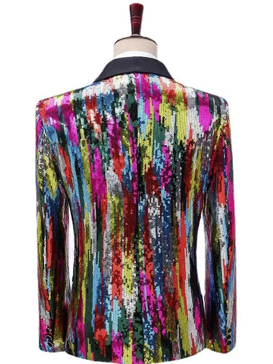 Men's Shining Colorful Striped Sequin Full Sleeves Casual Party Blazer