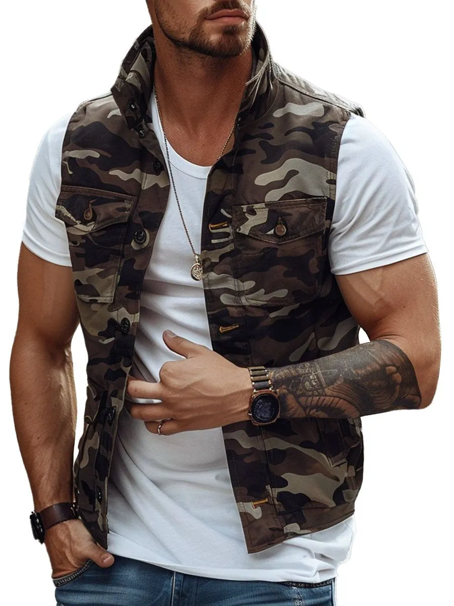 Men's Stand Collar Multi-Pocket Camouflage Vest