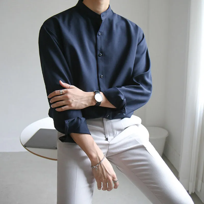 Men's Stand-Up Collar Shirt Long Sleeve Korean Trend