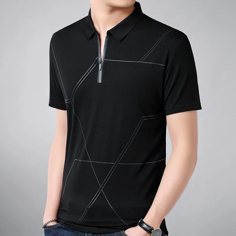 Men's Summer Casual Solid Zipper Pocket Short Sleeves Polo Shirt