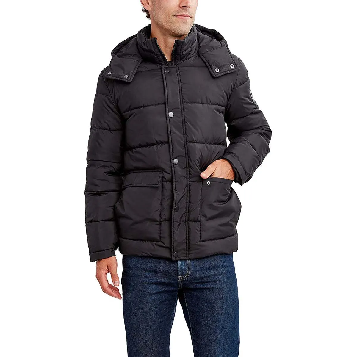 Men's Puffer with Hood Water and Wind Resistant Jacket - Black