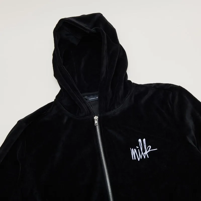 Milk Embroidered Peau de Pêche Zip Hood