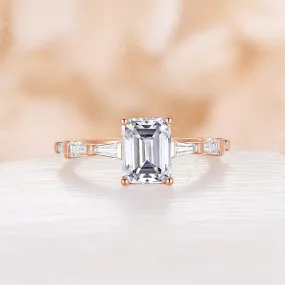 Moissanite Emerald Cut Baguette Side Stone Engagement Ring