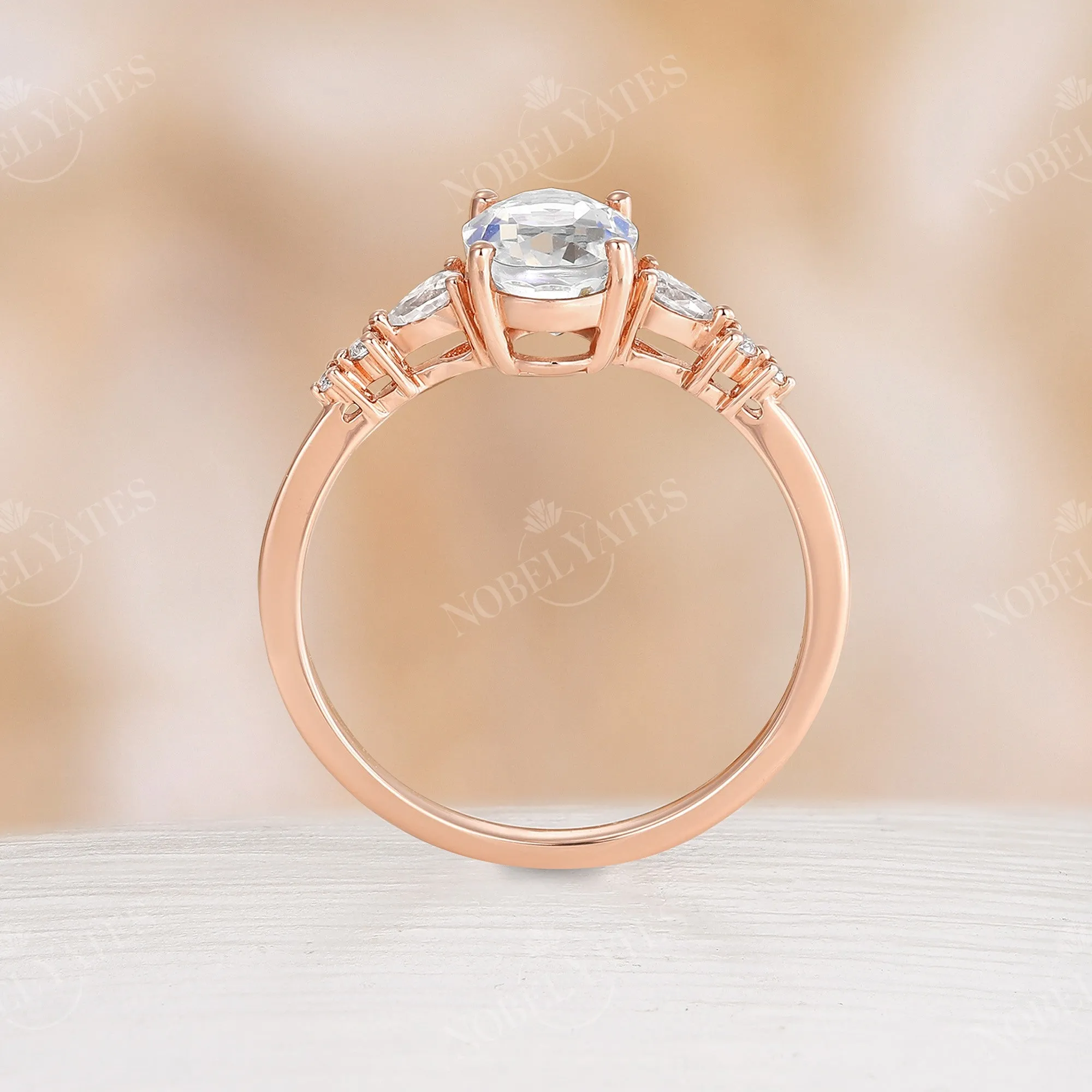 Moissanite Prong Set Engagement Ring Side Stone Rose Gold