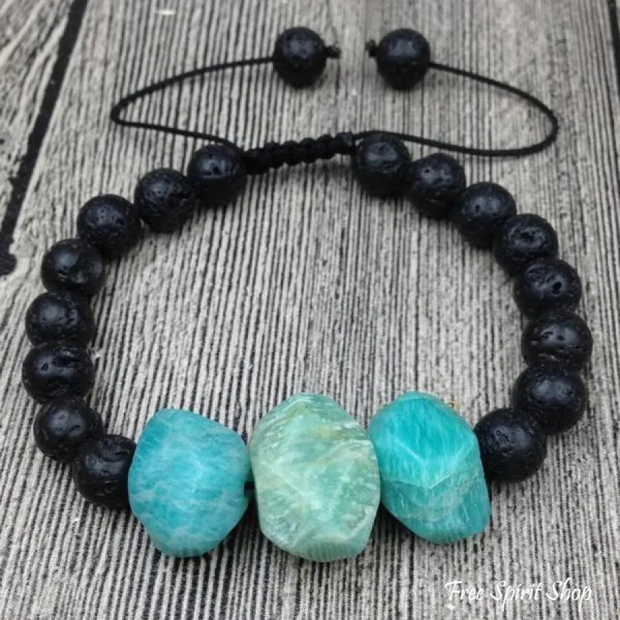 Natural Amazonite Faceted Stone & Black Lava Stone Bracelet