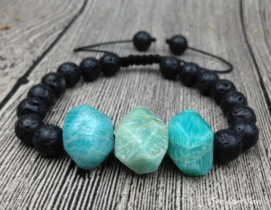 Natural Amazonite Faceted Stone & Black Lava Stone Bracelet