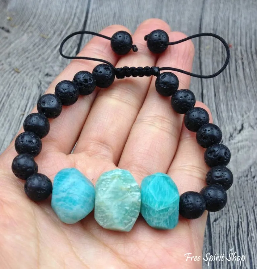 Natural Amazonite Faceted Stone & Black Lava Stone Bracelet